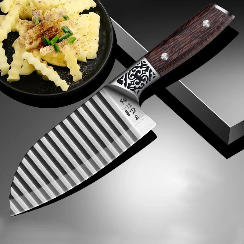 Lisslune | Wooden Handle Ribbed Design Kitchen Knife