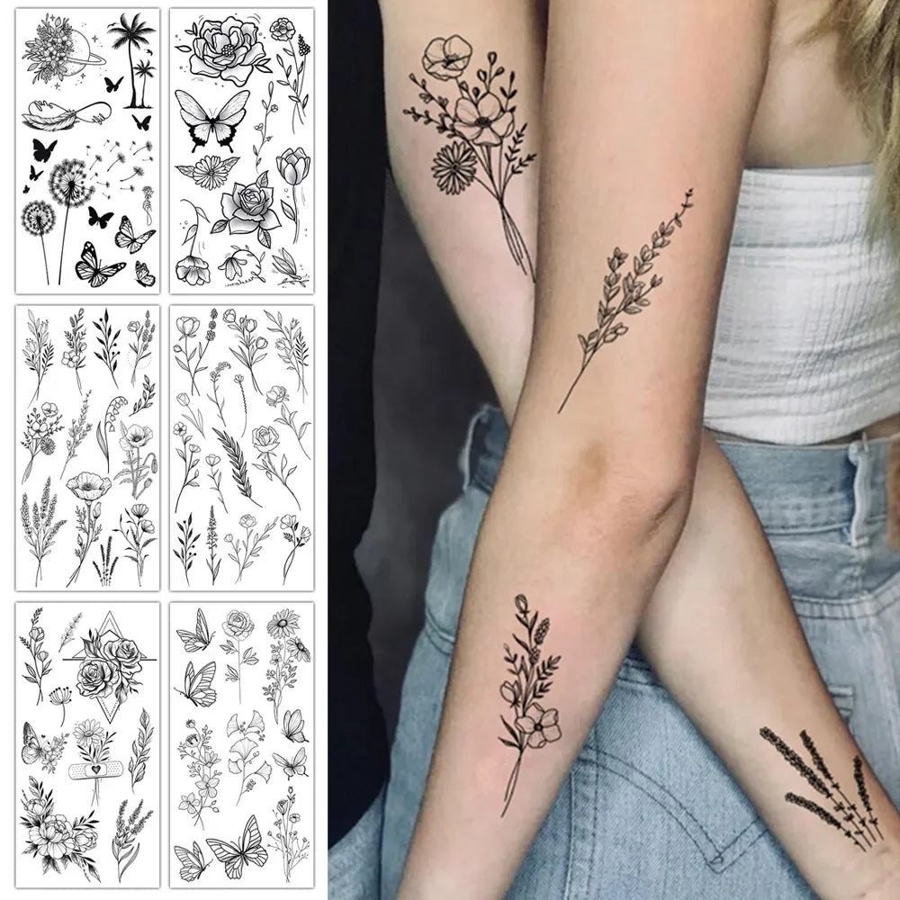 Rynx | 1PCS Sketch Flower Tattoo Sticker Black Datura Arm Legs Tattoo Temporary Waterproof Durable Sexy Tattoo Stickers For Women Body