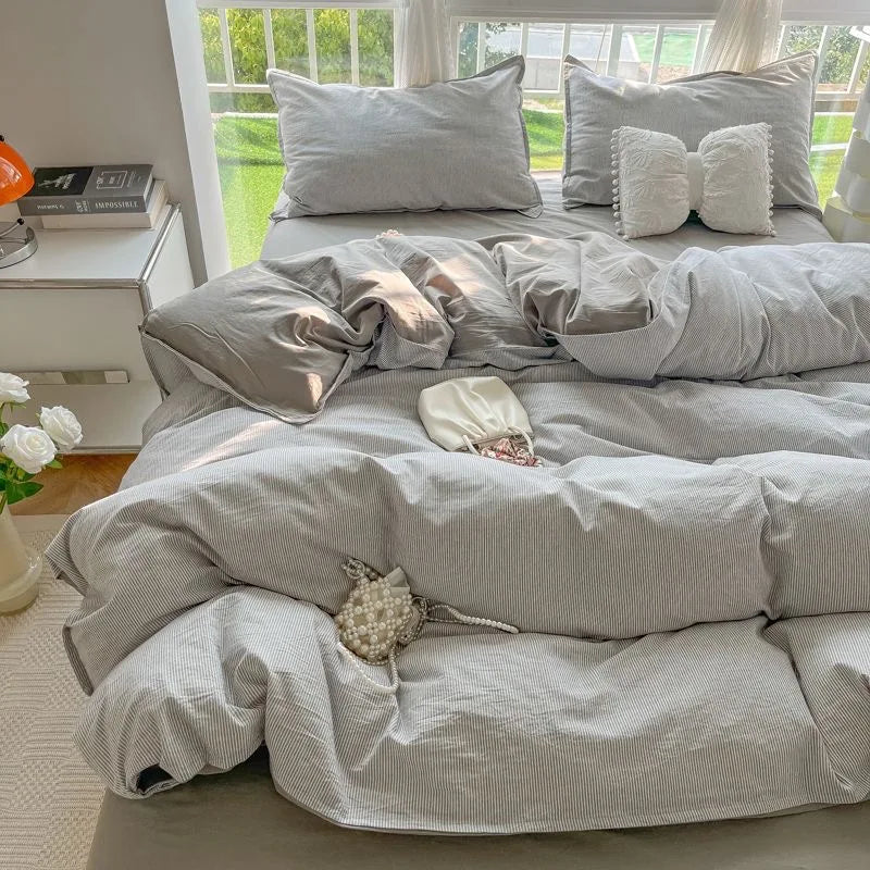 Rynx | Striped Duvet Cover Set Quilt Set Ins Nordic Gray Bed Set of Four Parts, Home Luxury Bedding Set Bed Sheets