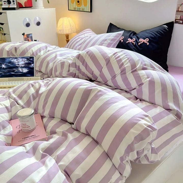 Rynx | Korean Bedding Set INS Girls Striped Soft Washed Cotton Bed Sheet Set Queen King Size Duvet Set Pillowcases Bed Linen