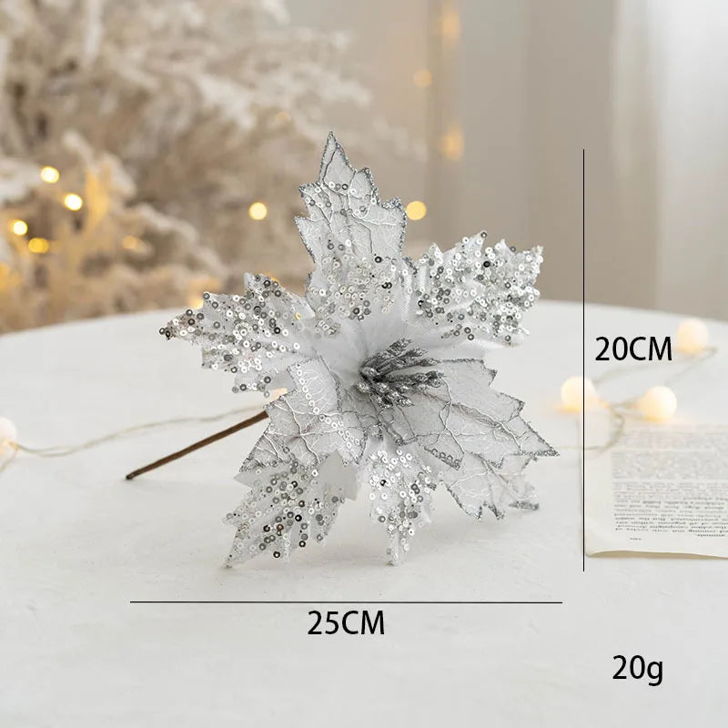 Rynx | 1PC Christmas Gold Silver Artificial Flower Christmas Tree Sequin Artificial Flowers DIY Decorations for Festival Party New Year Decoration