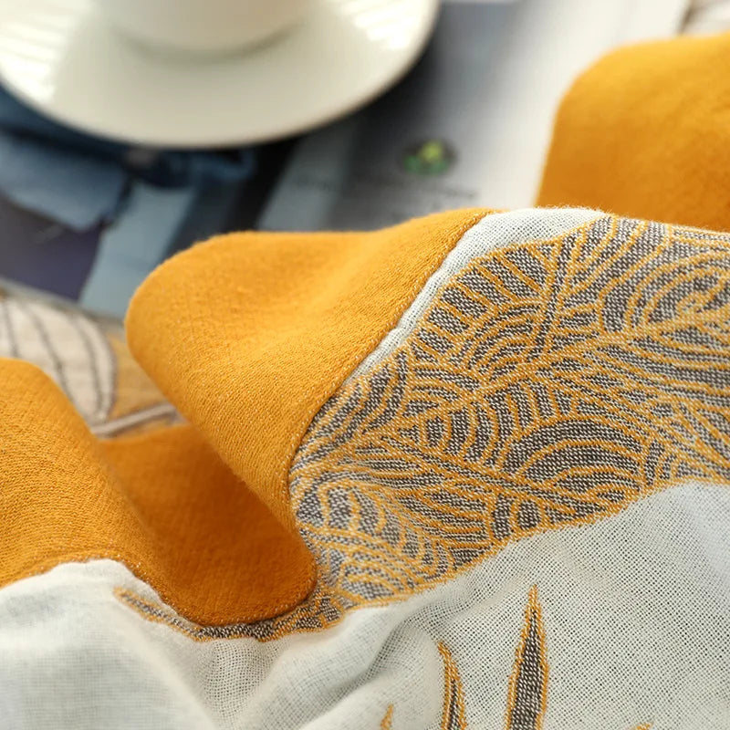 Rynx | Textile City Patterned Leaves Yellow Cotton Gauze Throw Blanket 5-Layer Gauze Towel Quilt Soft Comfortable Throw Blanket 200x230cm