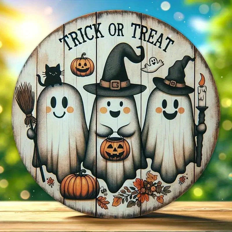 Rynx | 2D Wood Halloween Three Cute Ghosts Broom Spoof Pumpkins 7.9 Inch/20 cm Round Hanging Sign Wall or Door Decoration Wall Art