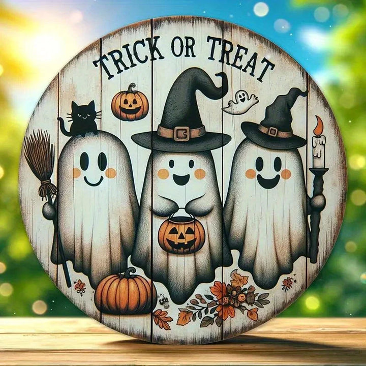 Rynx | 2D Wood Halloween Three Cute Ghosts Broom Spoof Pumpkins 7.9 Inch/20 cm Round Hanging Sign Wall or Door Decoration Wall Art