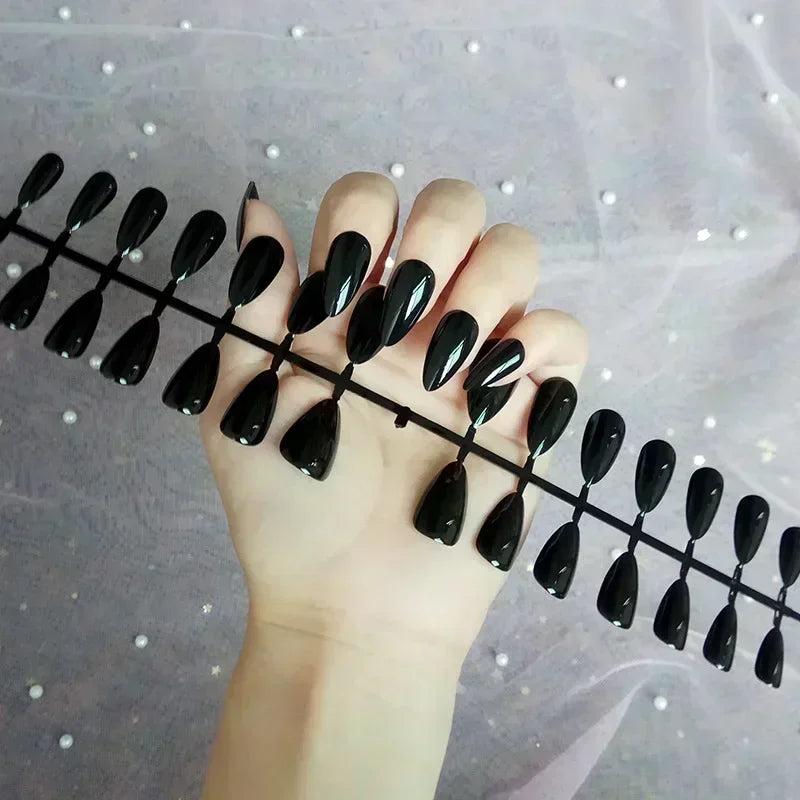 Rynx | Classic Glossy Solid Long Pointed Artificial Nails Brown Green Gray Blue Removable Pre-made Artificial Nails Stick-on Nails with Glue
