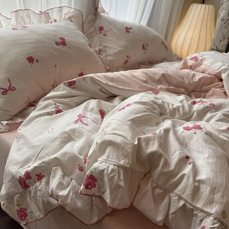 Rynx | Korean Princess Bedding Set Skin-friendly Washable Cotton Bedding Set of Four Pieces Lace Bedding Set Pillowcases Duvet Cover