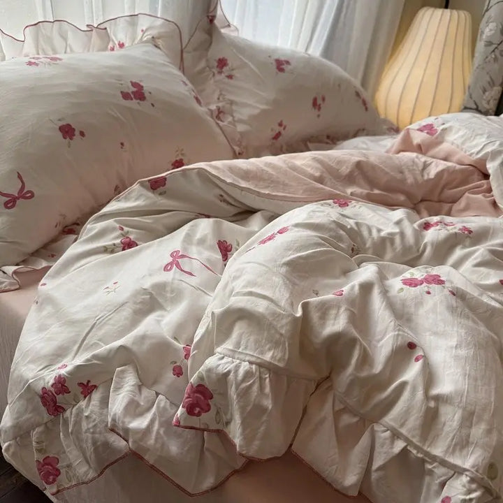 Rynx | Korean Princess Bedding Set Skin-friendly Washable Cotton Bedding Set of Four Pieces Lace Bedding Set Pillowcases Duvet Cover