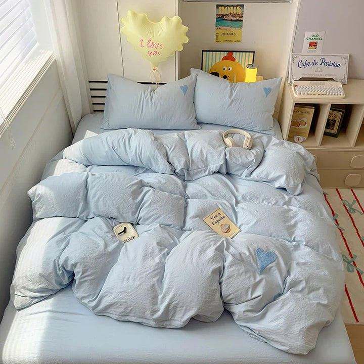Rynx | Sweet Blue Heart Bedding Set in Nordic Embroidery Bed Sheet Set of Four Pieces for Home Luxurious Duvet Cover Set for Girls