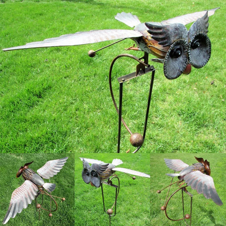 Rynx | Owl Garden Decoration Metal Wings Swinging Owl Wind Spinner Lifesize Weather Eagle for Garden Stone Outdoor Art Statue 1/2Pcs