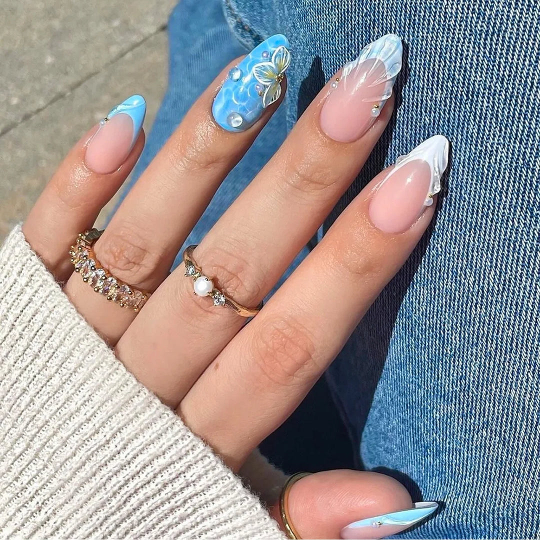 Rynx | 3D Flower Shell Water Drop Ripple Artificial Nails Black White Leopard French Removable Finished Artificial Nails Press on Nail with Glue
