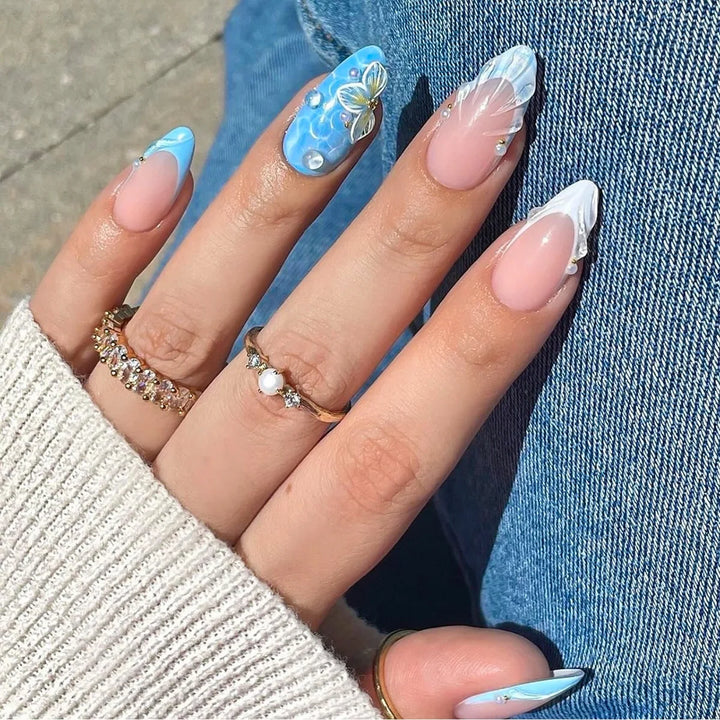 Rynx | 3D Flower Shell Water Drop Ripple Artificial Nails Black White Leopard French Removable Finished Artificial Nails Press on Nail with Glue