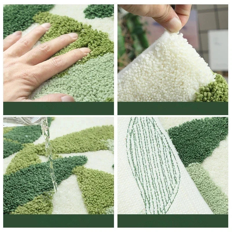 Rynx | Leaf Green Flocked Bath Mat Non-Slip Absorbent Microfiber Bathroom Rug Entrance Mat Super Soft Bath Rug Carpet