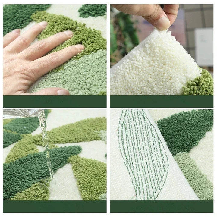 Rynx | Leaf Green Flocked Bath Mat Non-Slip Absorbent Microfiber Bathroom Rug Entrance Mat Super Soft Bath Rug Carpet