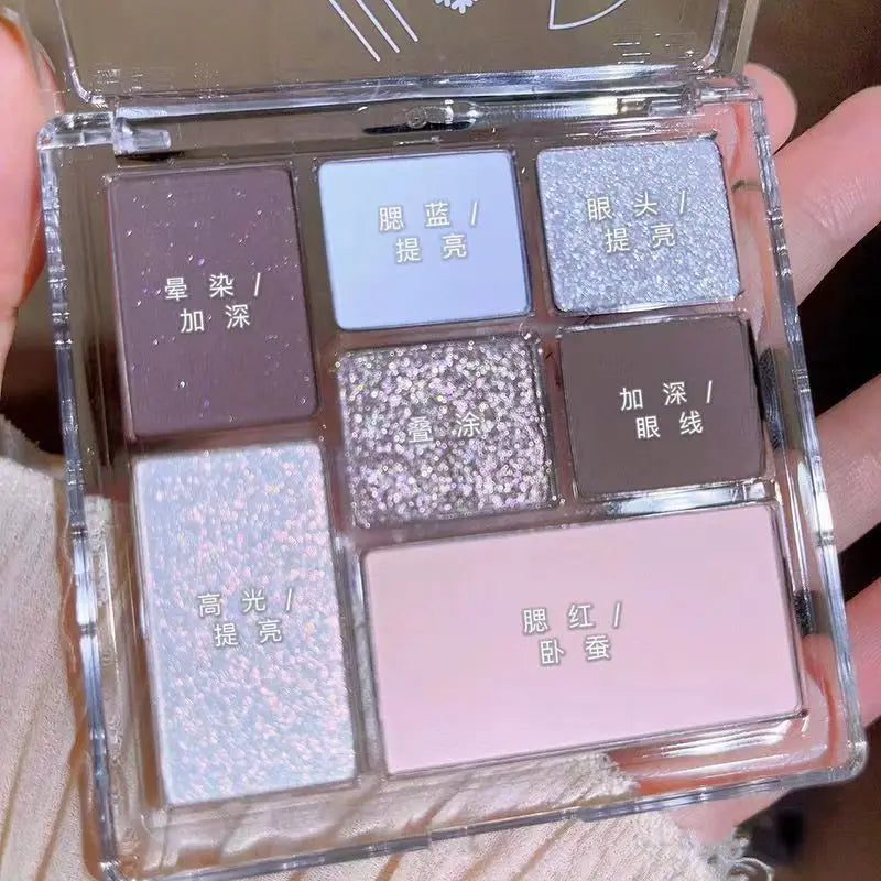 Rynx | Shimmer Eyeshadow Palette 7 Colors Gray Powder Glitter Eyeshadow Black Korean Eye Makeup Cosmetics Maquillajes For Women Makeup