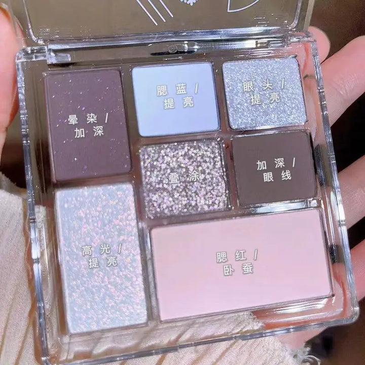Rynx | Shimmer Eyeshadow Palette 7 Colors Gray Powder Glitter Eyeshadow Black Korean Eye Makeup Cosmetics Maquillajes For Women Makeup