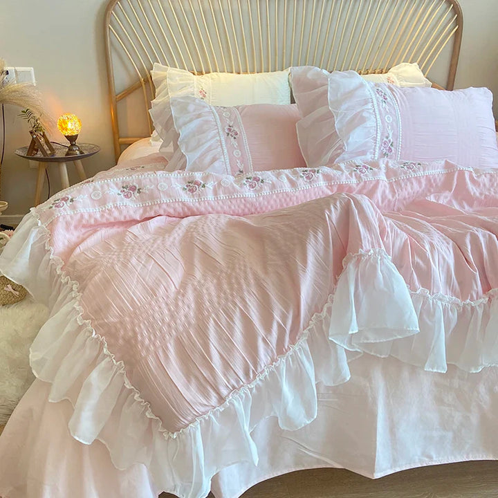 Rynx | Pink Korean Princess Style Lace Ruffle Wedding Bedding Set Seersucker Washed Cotton Soft Duvet Cover Set Bed Sheets Pillowcases