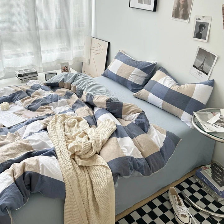 Rynx | Bedding washed cotton stripe grid minimalist bed sheet set comforter sets queen duvet double for boys and girls