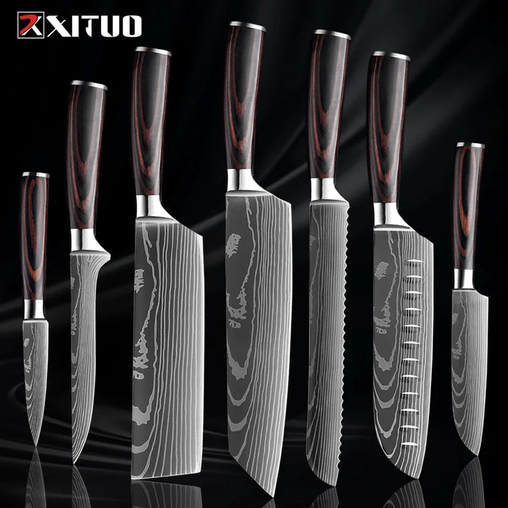 Skorter | XITUO Kitchen Knife Set - 1-9PCS 7Cr17Mov Stainless Steel Chef, Santoku & Fruit Knives with Ergonomic Pakkawood Handle