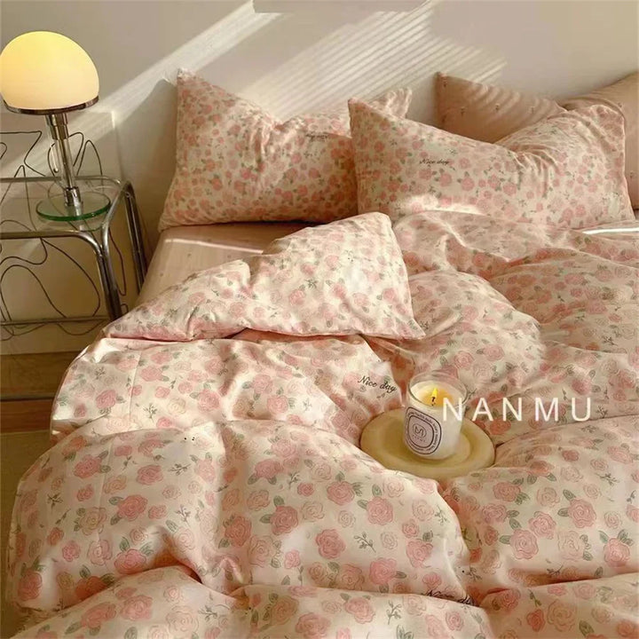 Rynx | New Fashion Bedding Set Ins Floral Single Double Size Duvet Cover Bed Sheet Pillowcase Grid Solid Color Home Girls Bedding