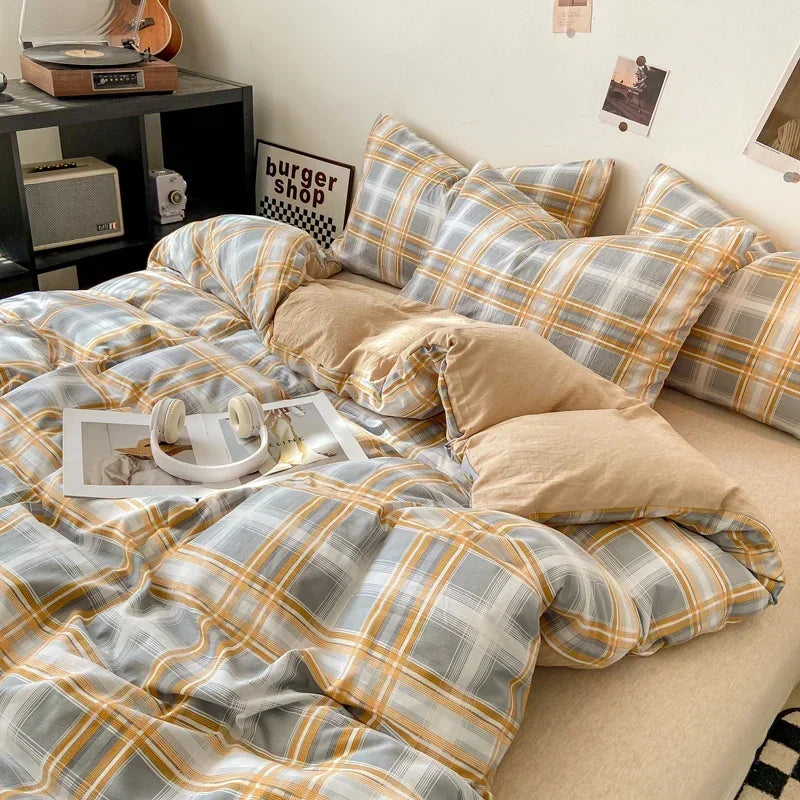Rynx Japanese Style Check Queen Duvet Cover Set 1/3 Pieces Soft Washed Duvet and Pillowcase or just Duvet Covers Skin-Friendly