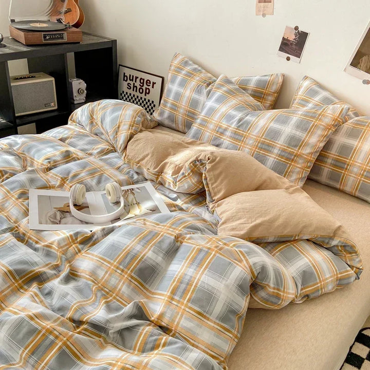 Rynx Japanese Style Check Queen Duvet Cover Set 1/3 Pieces Soft Washed Duvet and Pillowcase or just Duvet Covers Skin-Friendly
