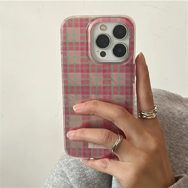 Lisslune | Für iPhone 16 15 14 13 12 11 Pro Max 7 8 Plus X XS Süßes Dopamin Farbblock Match Plaid Klare Handyhülle Pinke Tartan Weiche Abdeckung