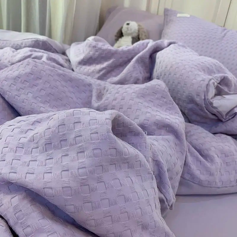 Rynx | Bedding Set Luxury High-Quality Lightweight Washable Cotton Waffle Four Pieces Olive Green Duvet Cover Bed Sheet Dormitory Three Pieces