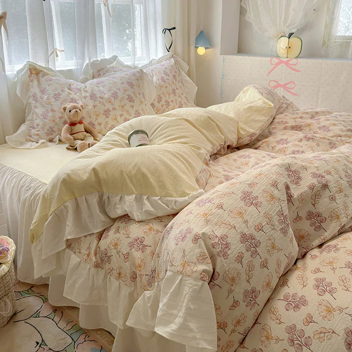 Rynx | Korean Style Flower Bedding Set 2024 New Washed Cotton 4-piece Bed Sheet Set Duvet Cover Set for Girls Bedding Decor Home