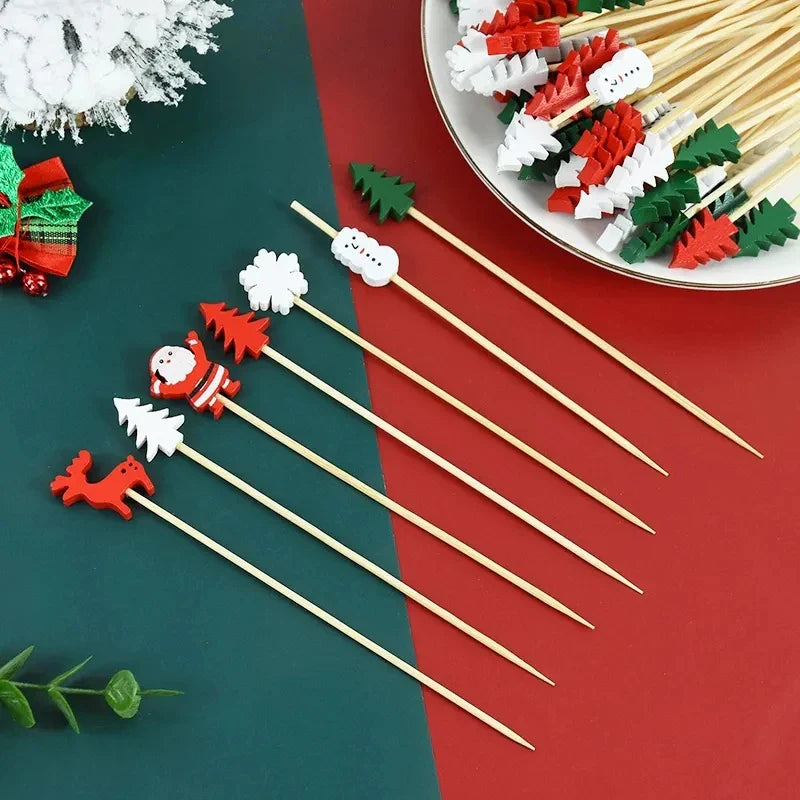 Rynx 50/100pcs Christmas buffet fruit food skewers cocktail picks cupcake toppers 2024 Christmas party decoration supplies New Year 2025