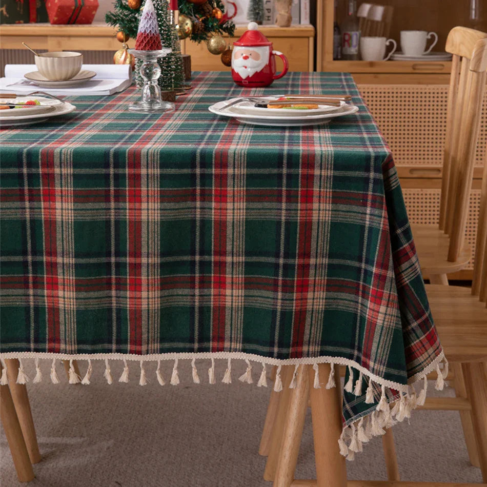 Rynx Christmas Grid Tablecloth with Fringes Rectangular Polyester Cotton Dustproof Table Surface Cover, for Home Celebration Birthday Decor