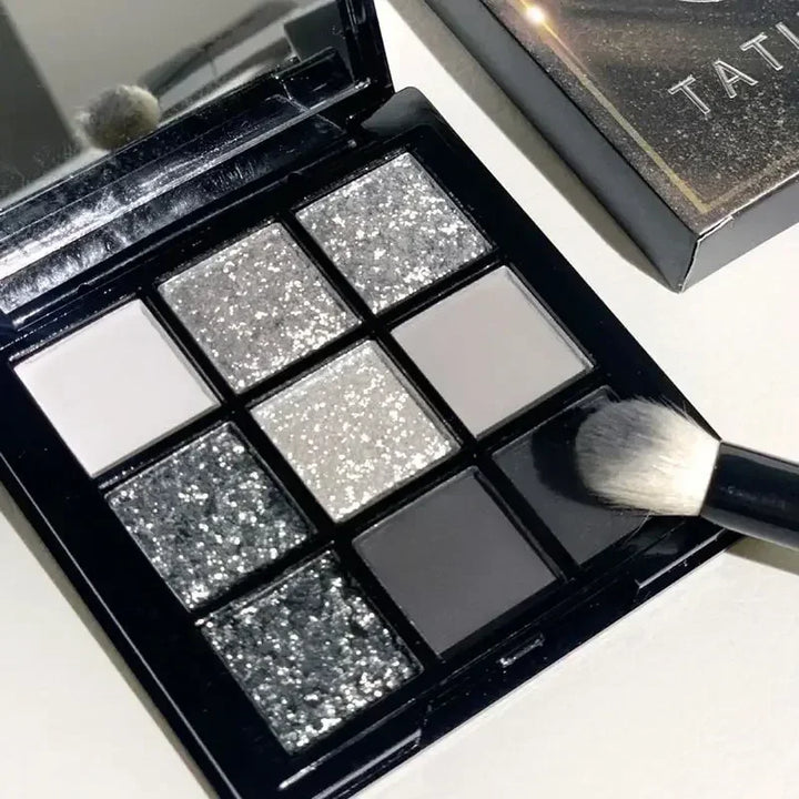 Rynx | Smoky Glitter Matte Eyeshadow Palette 9 Colors Pearl Grey Black Hue Shimmer Eyeshadow Makeup Pigments Palette Cosmetics
