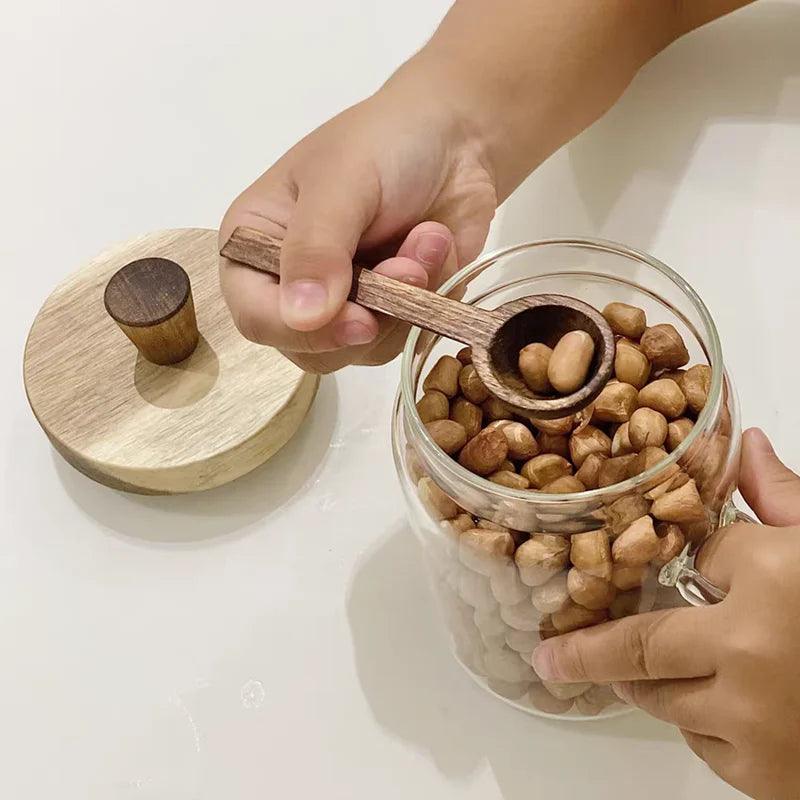 Lisslune | Elegant glass storage jar with acacia wood lid and spoon for coffee and spices