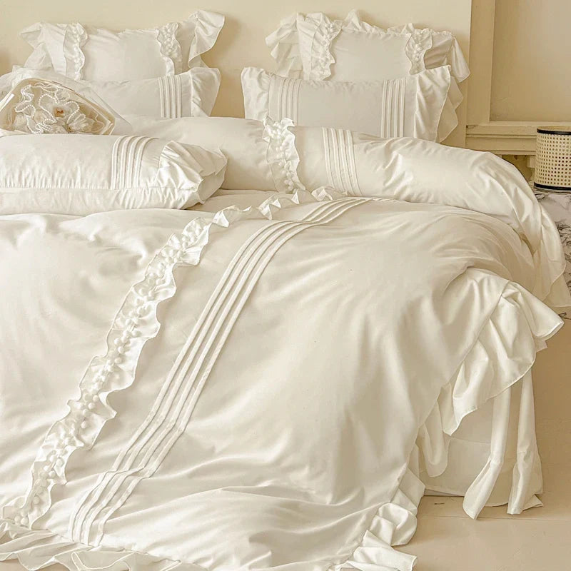 Rynx | Korean Princess Style Lace Ruffle Bedding Set Solid Color Duvet Cover Set Flat/Fitted Sheet Pillowcases with Pillow Covers