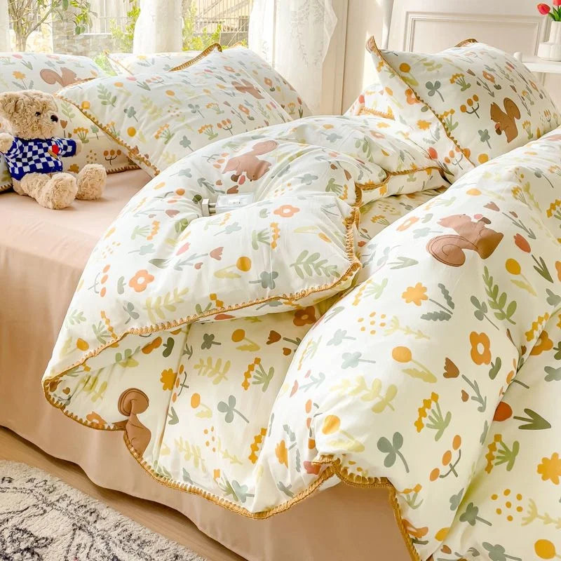Rynx Pastoral Girls Flower Bedding Sets, Washed Cotton Bedding, Soft Comforter Bedding Set, Simple Bedspread, Home Textiles