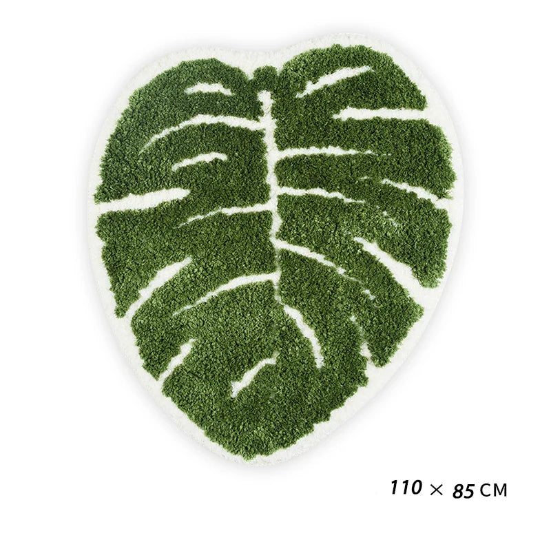 Rynx | Green Leaf Shape Palm Tree Tufted Carpet Soft Plush Rug Doormat Nightstand Rug Room Decoration Non-Slip Absorbent Bathroom Mat
