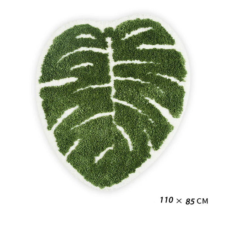 Rynx | Green Leaf Shape Palm Tree Tufted Carpet Soft Plush Rug Doormat Nightstand Rug Room Decoration Non-Slip Absorbent Bathroom Mat