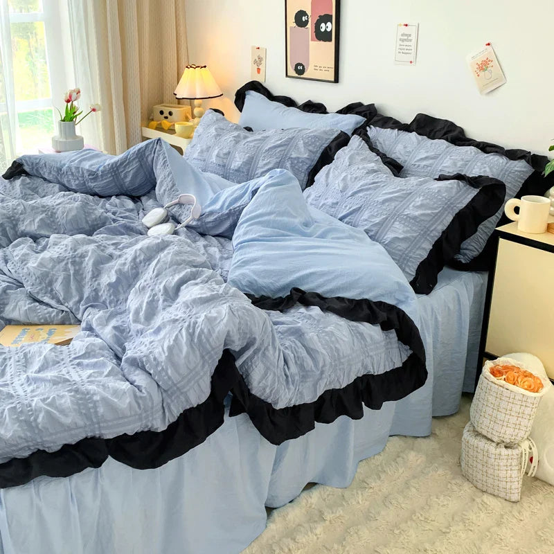 Rynx | Bubble Yarn Seersucker French Style Princess Lace Bedding Set Duvet Cover Set Bed Skirt Queen For Girls Decor Home