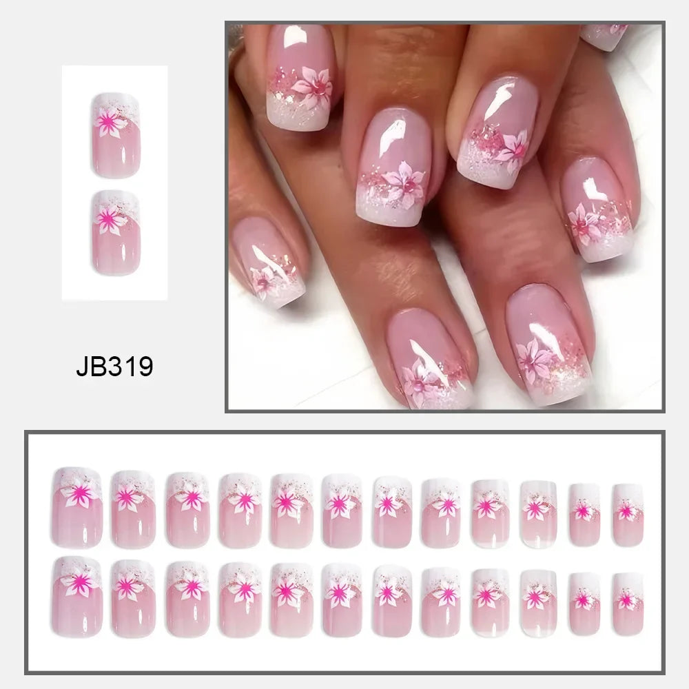 Rynx | 24 Piece Square Press-on Nails Set with Pink Flower Patterns Full Coverage Acrylic Nail Tips Glue for Stylish Women/Girls