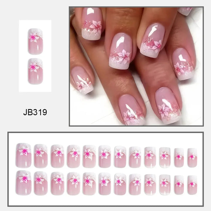 Rynx | 24 Piece Square Press-on Nails Set with Pink Flower Patterns Full Coverage Acrylic Nail Tips Glue for Stylish Women/Girls