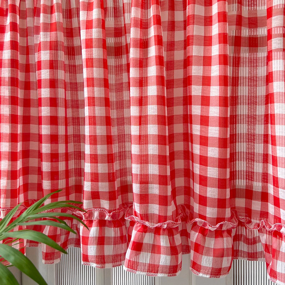 Rynx | Classic red checked ruffle curtain short sheer for kitchen retro soft tulle curtains for bedroom small window coffee half curtain