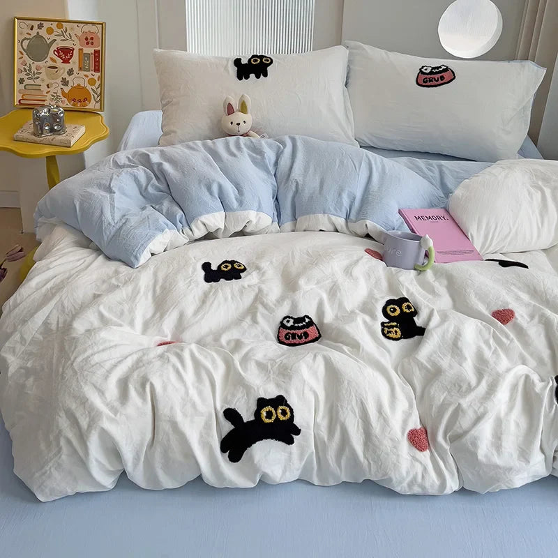 Rynx | Bedding set Super soft washed cotton towel embroidery duvet cover four-piece set - Lucky cat series