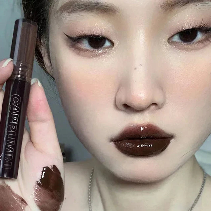 Rynx | Chocolate lip gloss long-lasting moisturizing dark brown lip lacquer transparent glass mirror water liquid lipstick clear makeup
