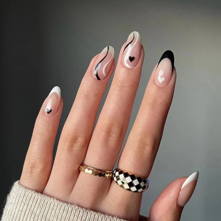 Rynx | Frosted Black Leaf Gold Glitter Powder Long Round Artificial Nails Purple Removable Ready to Stick Artificial Nails with Glue