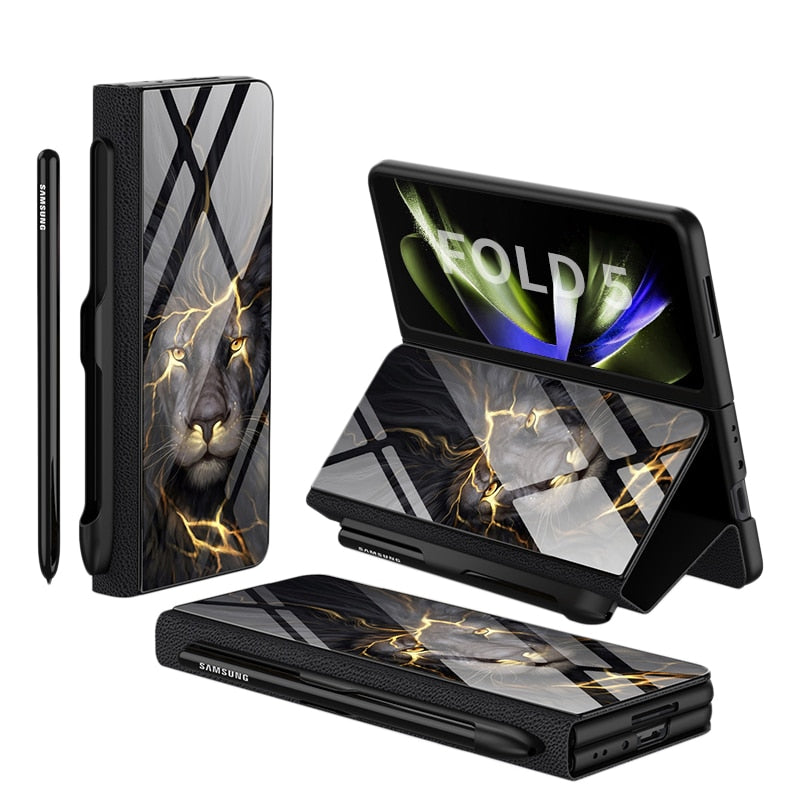 Lisslune | Shockproof Armor Case Glass Cover Stand Insert Card Leather Case for Samsung Galaxy Z Fold 5/4