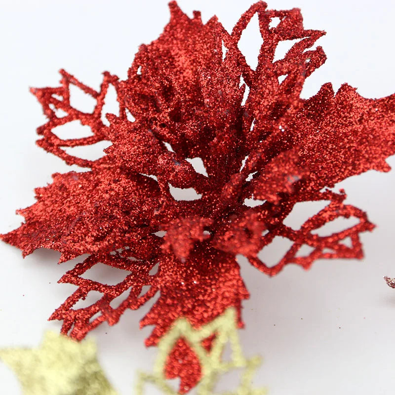 Rynx | (10 pieces) Artificial Christmas Tree Flowers Glitter Decorations Xmas Ornament New Year Gift