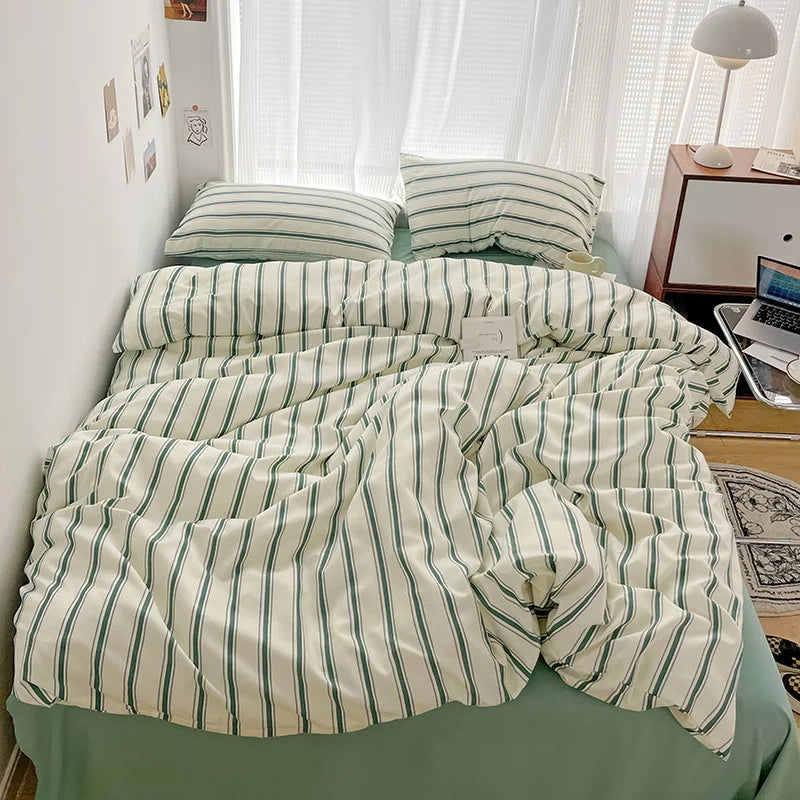 Rynx | Green Stripes Series Printed Soft Bedding Set Duvet Cover Bed Linen Bedspread Pillow Cases Twin Bed Sheets Comforter Sets for Girls