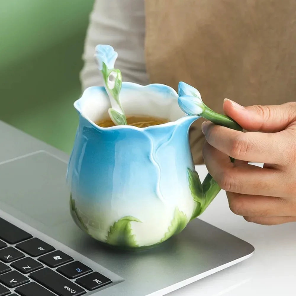 Lisslune | 3D Rose Flower Coffee Mug Ceramic Coffee Mugs Cute Aesthetic Water Cups with Spoon Summer Winter Drinking Utensils Valentine's Day Gifts