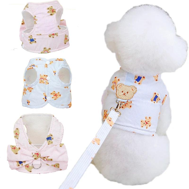 Lisslune | Swinging bear motif mesh harness and bow tie leash combination for small dogs and cats - Trendy pet vest
