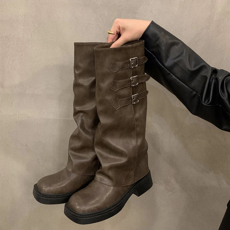 Lisslune | Retro Style Knee-High Boots Women Fashion Women Slip-On Knight Long Boots Autumn Winter Women Footwear