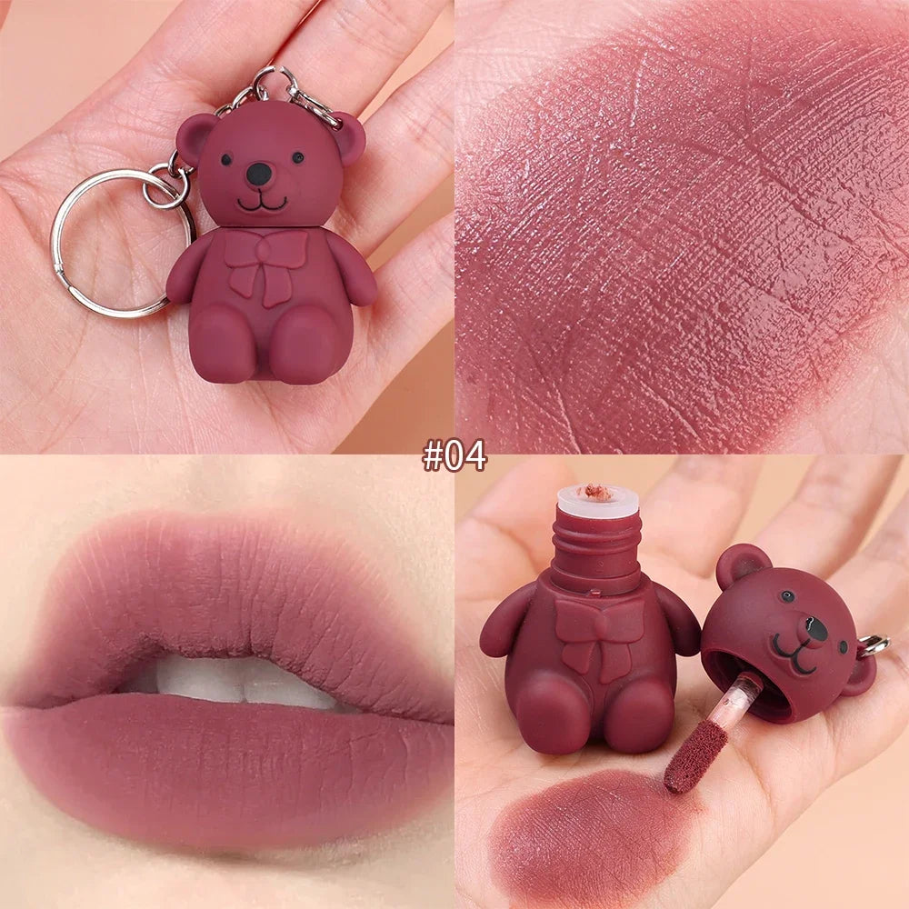 Rynx | Cute White Bear Keychain Glass Mirror Lipstick 6 Colors Sexy Jelly Red Liquid Lipsticks Waterproof Long-lasting Lip Lacquer Cosmetics